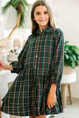 Girls: It's Your Place Green Plaid Button Down Dress