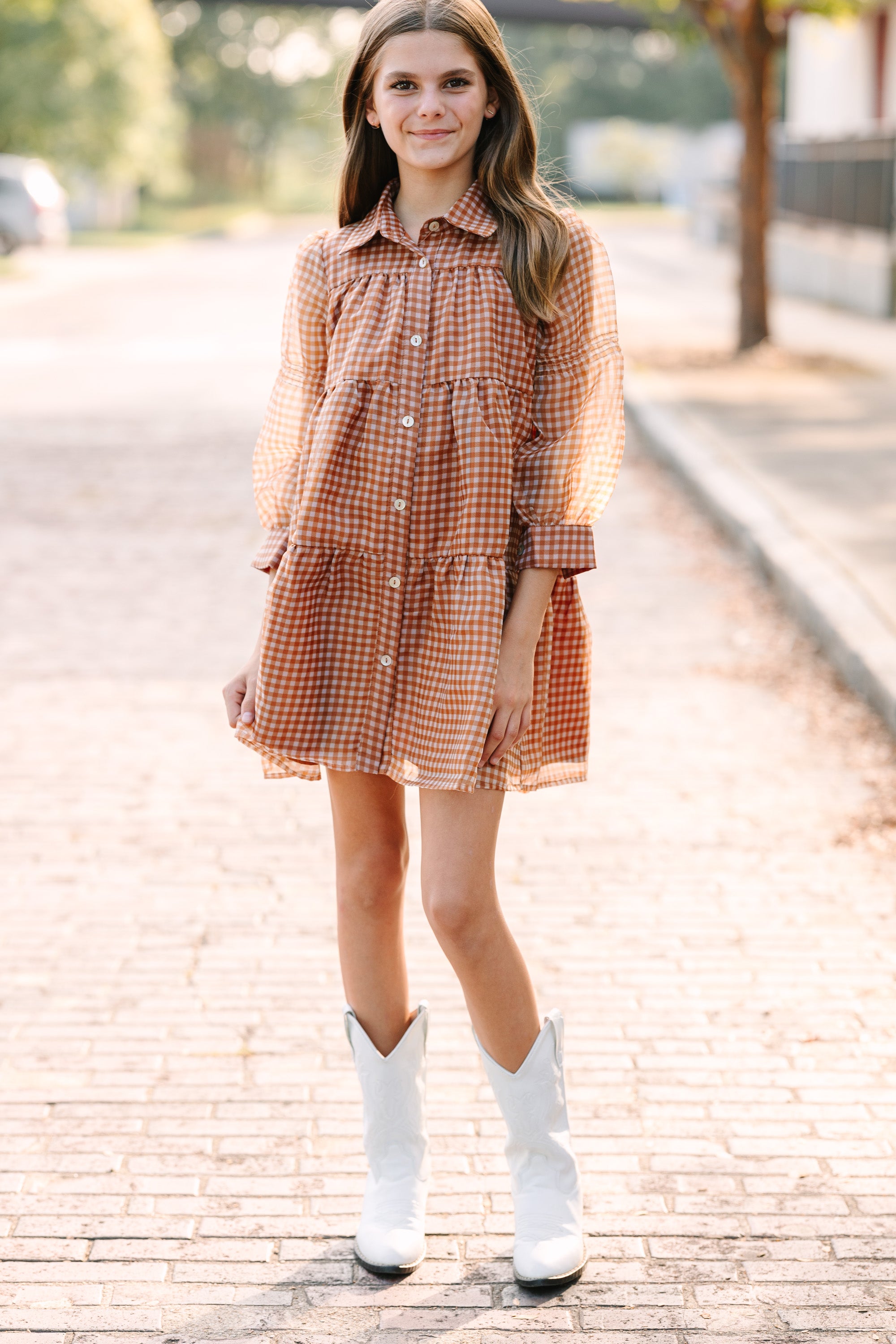 Girls: Take The Leap Butterscotch Brown Plaid Dress