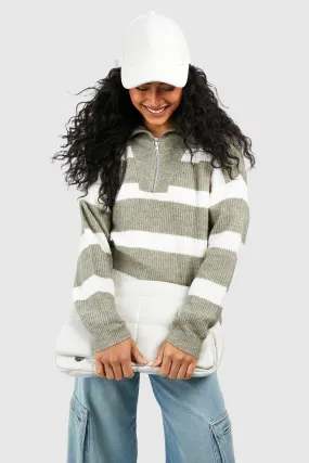 Half Zip Funnel Neck Stripe Sweater