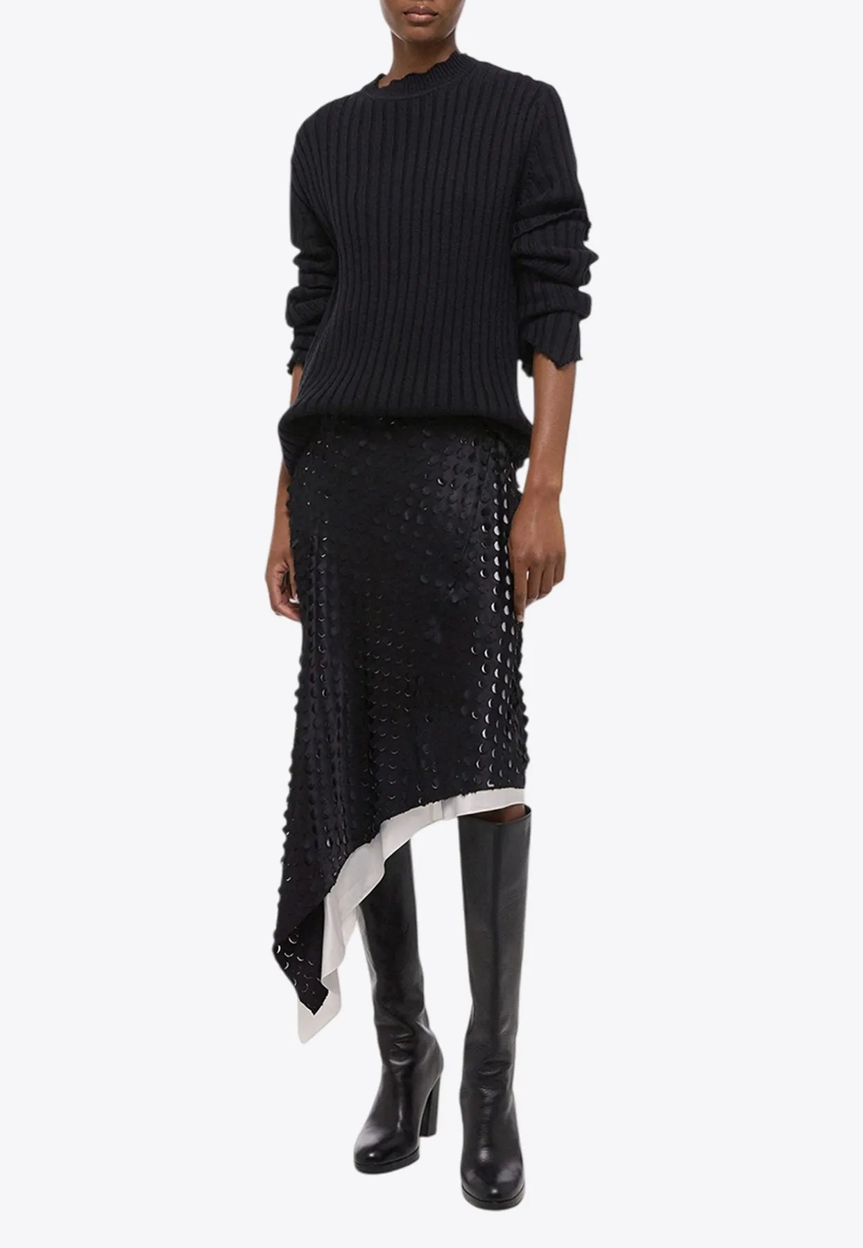 Hole-Punched Asymmetric Midi Skirt