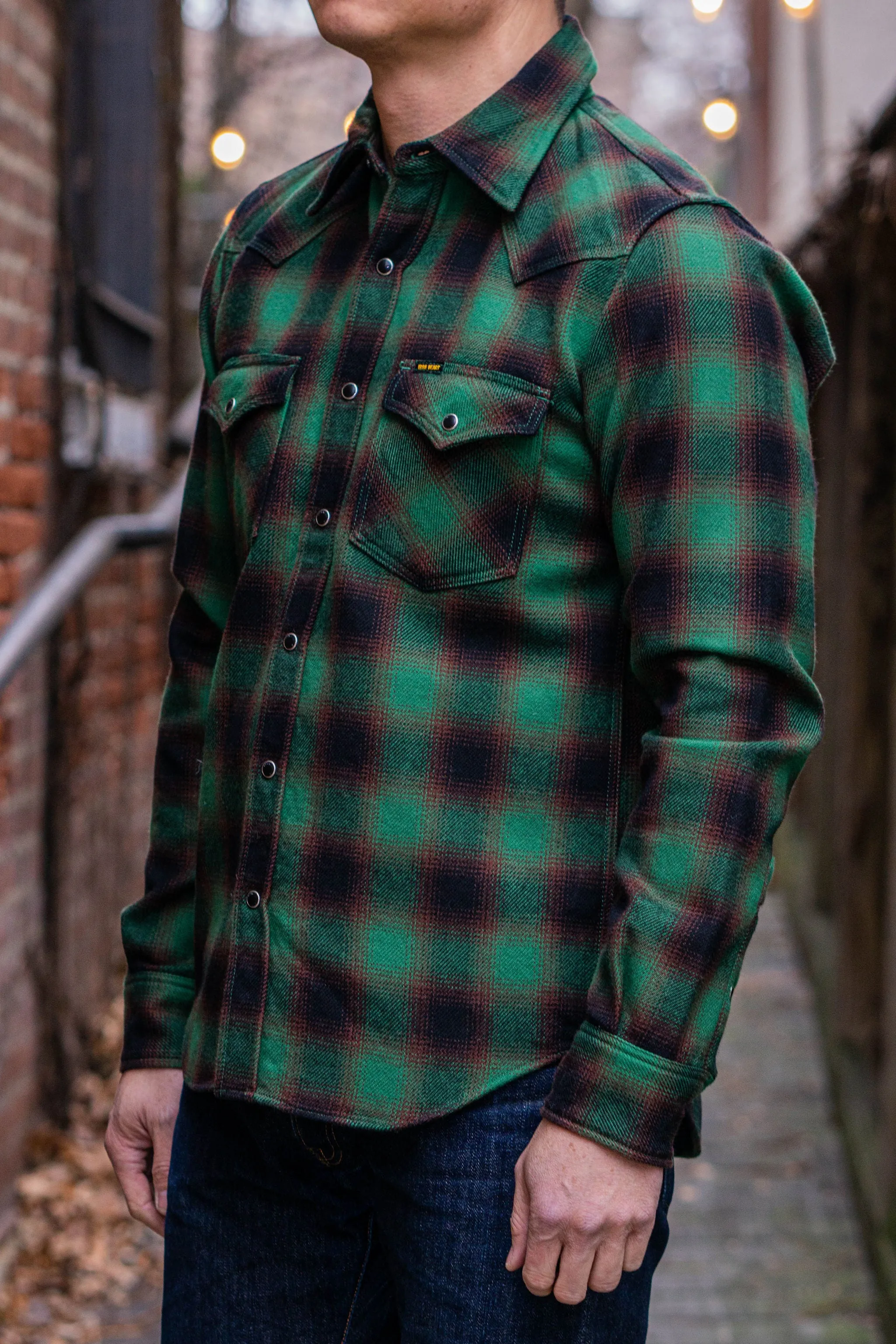 Iron Heart IHSH-373-GRN - Ultra Heavy Flannel Ombré Check Western Shirt - Green