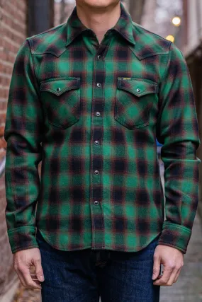 Iron Heart IHSH-373-GRN - Ultra Heavy Flannel Ombré Check Western Shirt - Green