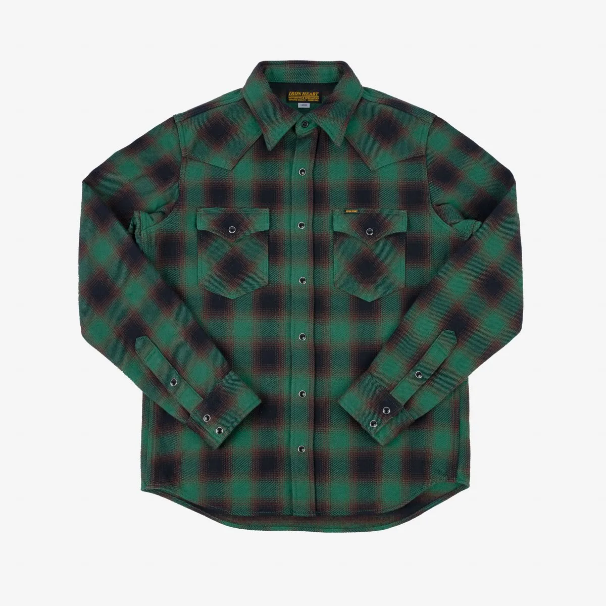 Iron Heart IHSH-373-GRN - Ultra Heavy Flannel Ombré Check Western Shirt - Green