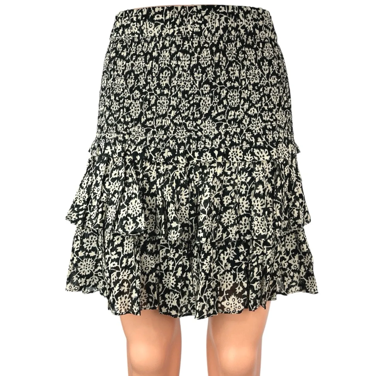 Isabel Marant Etoile Naomi Black Floral Smocked Ruffle Tiered Mini Skirt 38 US 6