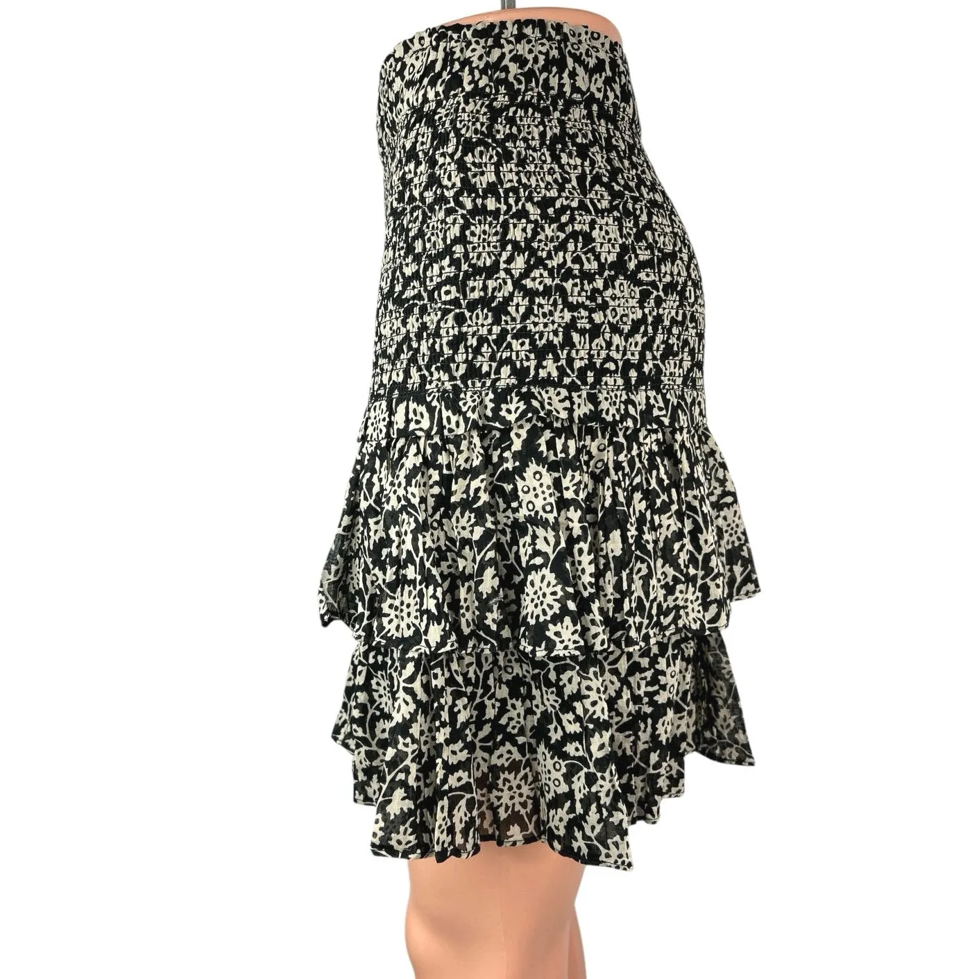 Isabel Marant Etoile Naomi Black Floral Smocked Ruffle Tiered Mini Skirt 38 US 6