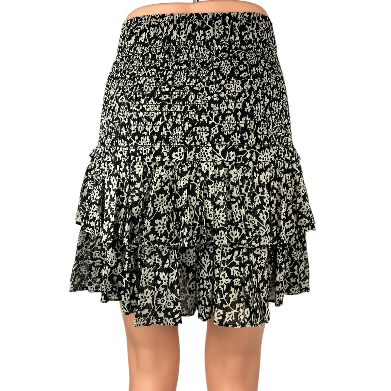 Isabel Marant Etoile Naomi Black Floral Smocked Ruffle Tiered Mini Skirt 38 US 6