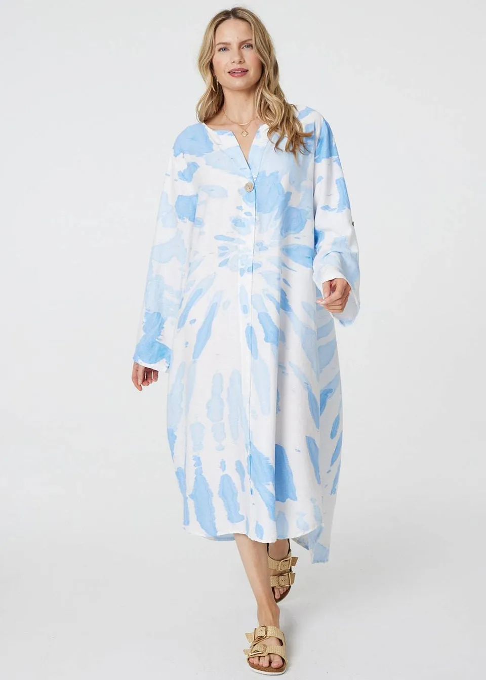 Izabel London Light Blue Tie Dye Long Sleeve Midi Tunic Dress