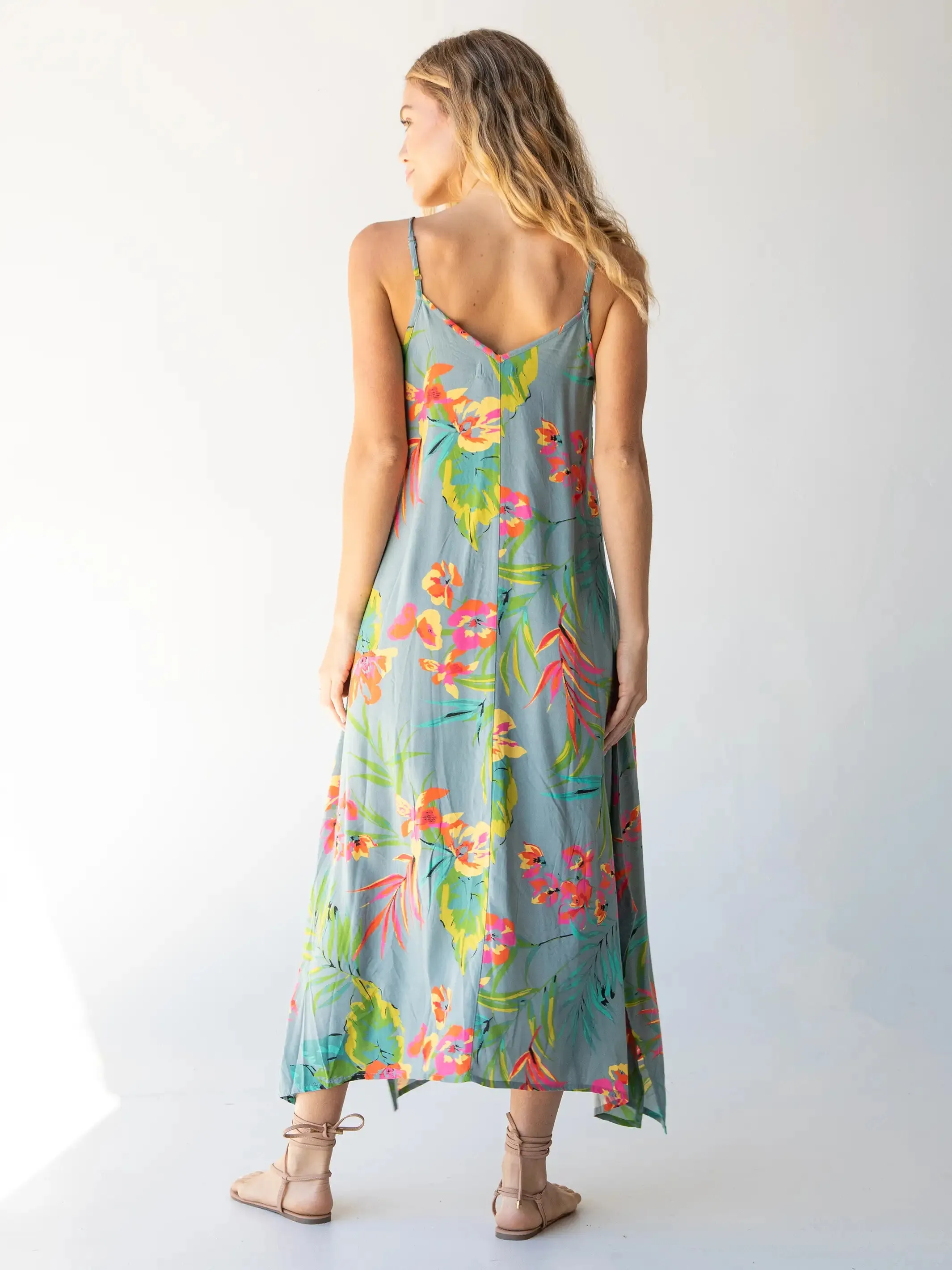 Katrina Midi Slip Dress - Light Blue Neon Floral