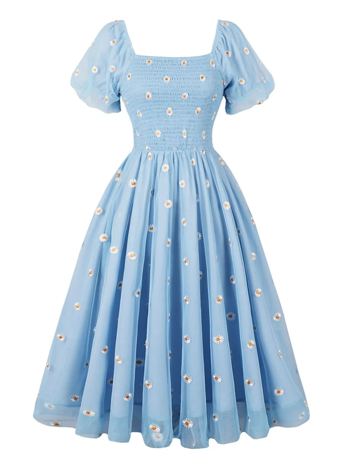 Light Blue 1950s Cap Sleeve Daisy Dress