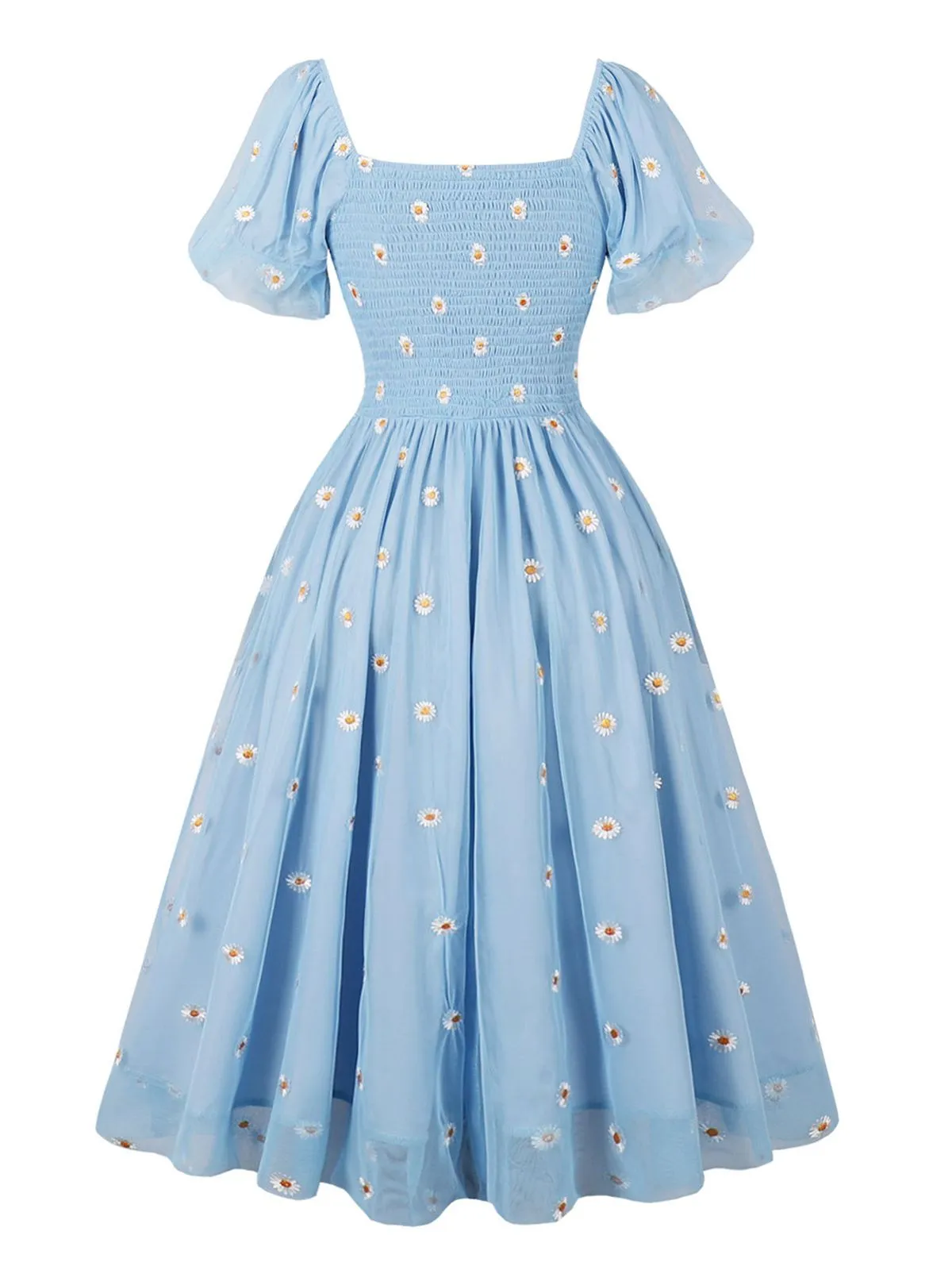 Light Blue 1950s Cap Sleeve Daisy Dress