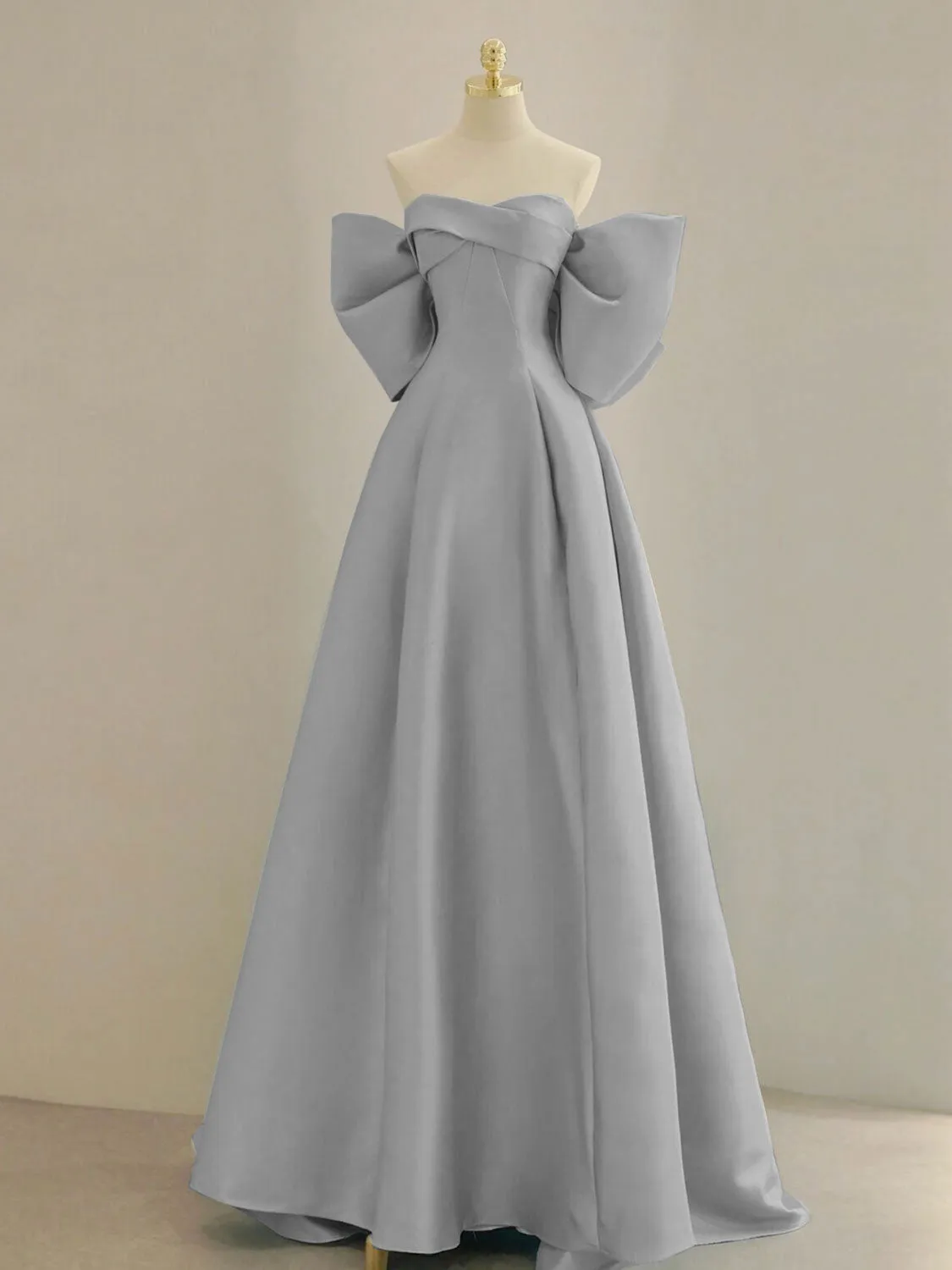 Light Blue A-line Strapless Satin Long Formal Dress with Bow Back