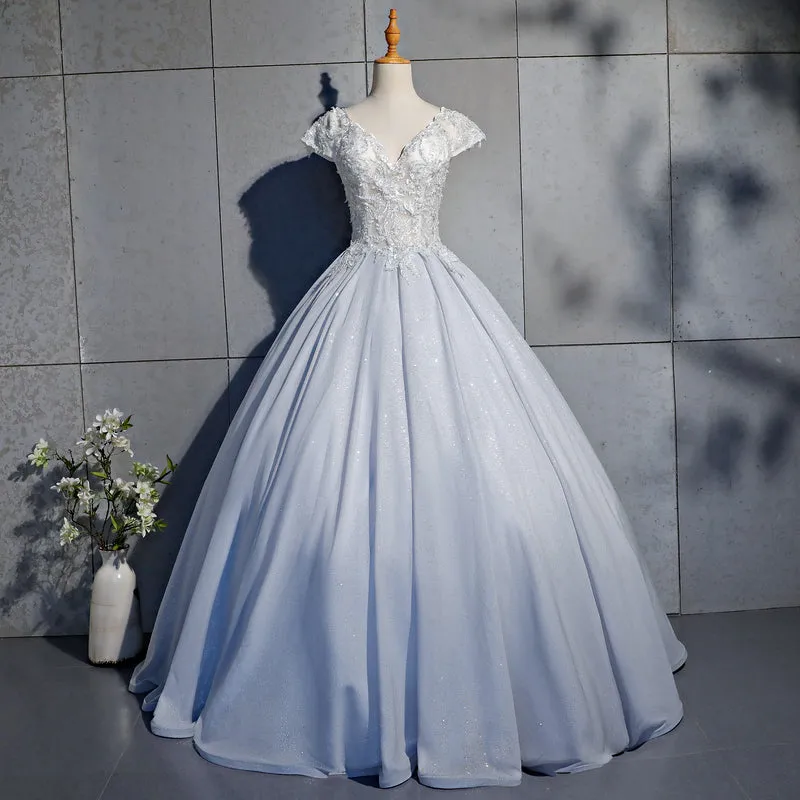 Light Blue Cap Sleeves Lace Top Ball Gown Sweet 16 Gown, Light Blue Prom Dress Formal Dress