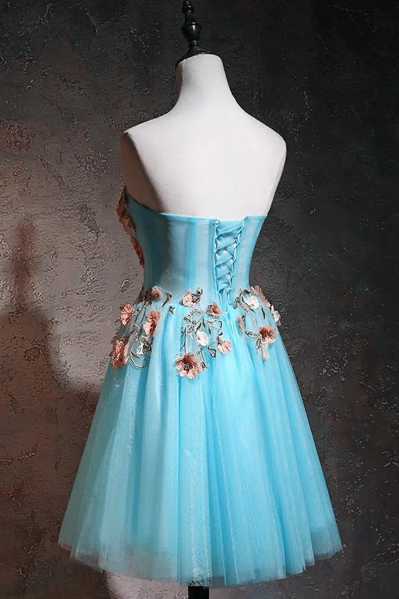 Light Blue Flowers Cute Tulle Knee Length Party Dress, Blue Floral Homecoming Dress Prom Dress