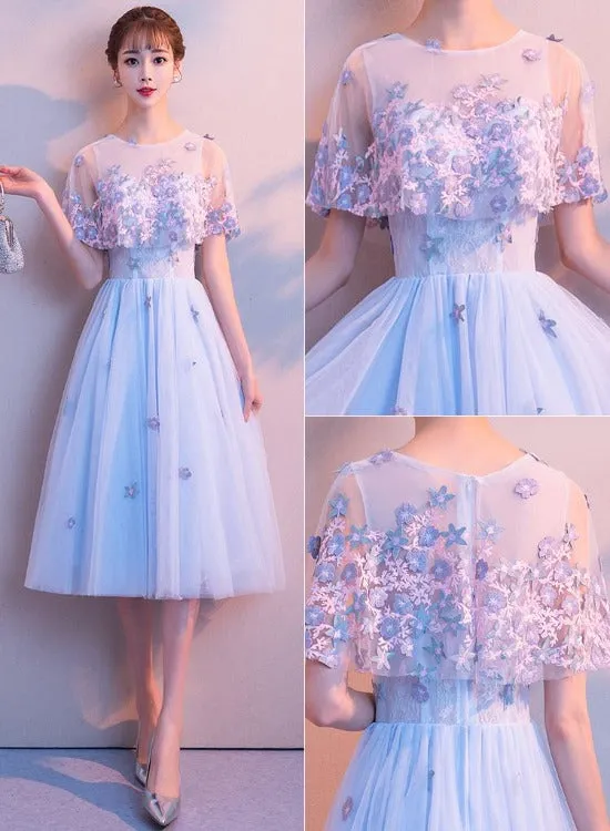 Light Blue Flowers Tulle Short Homecoming Dress, Light Blue Short Prom Dress Bridesmaid Dress