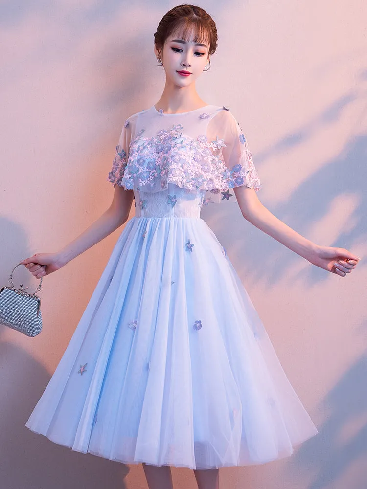 Light Blue Flowers Tulle Short Homecoming Dress, Light Blue Short Prom Dress Bridesmaid Dress