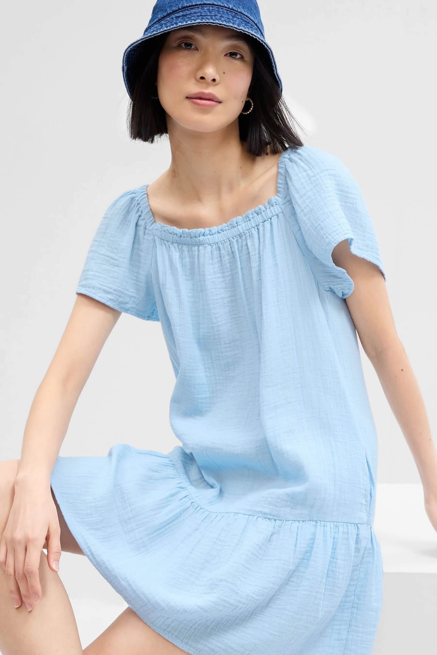 Light Blue Gauze Squareneck Mini Dress