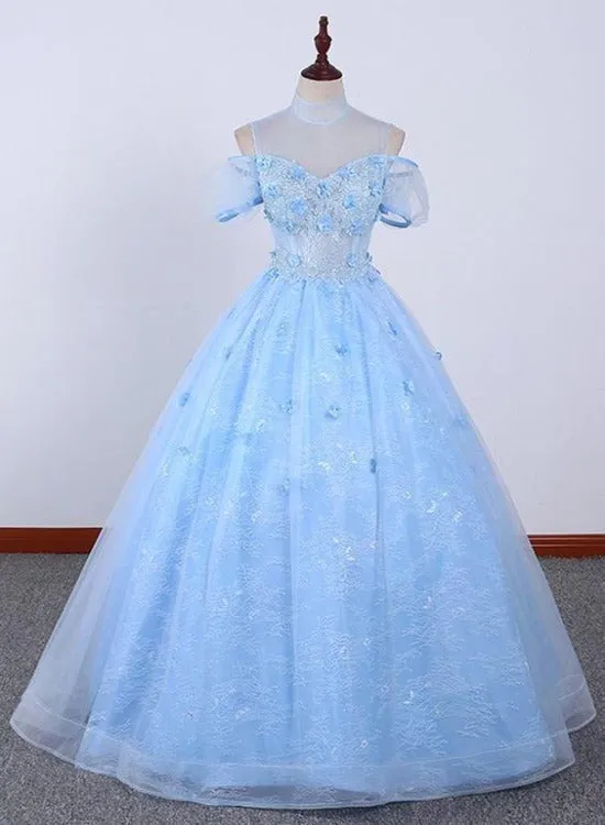 Light Blue Lace High Neck Lace Applique Ball Gown, Lace Sweet 16 Dress, Prom Dress