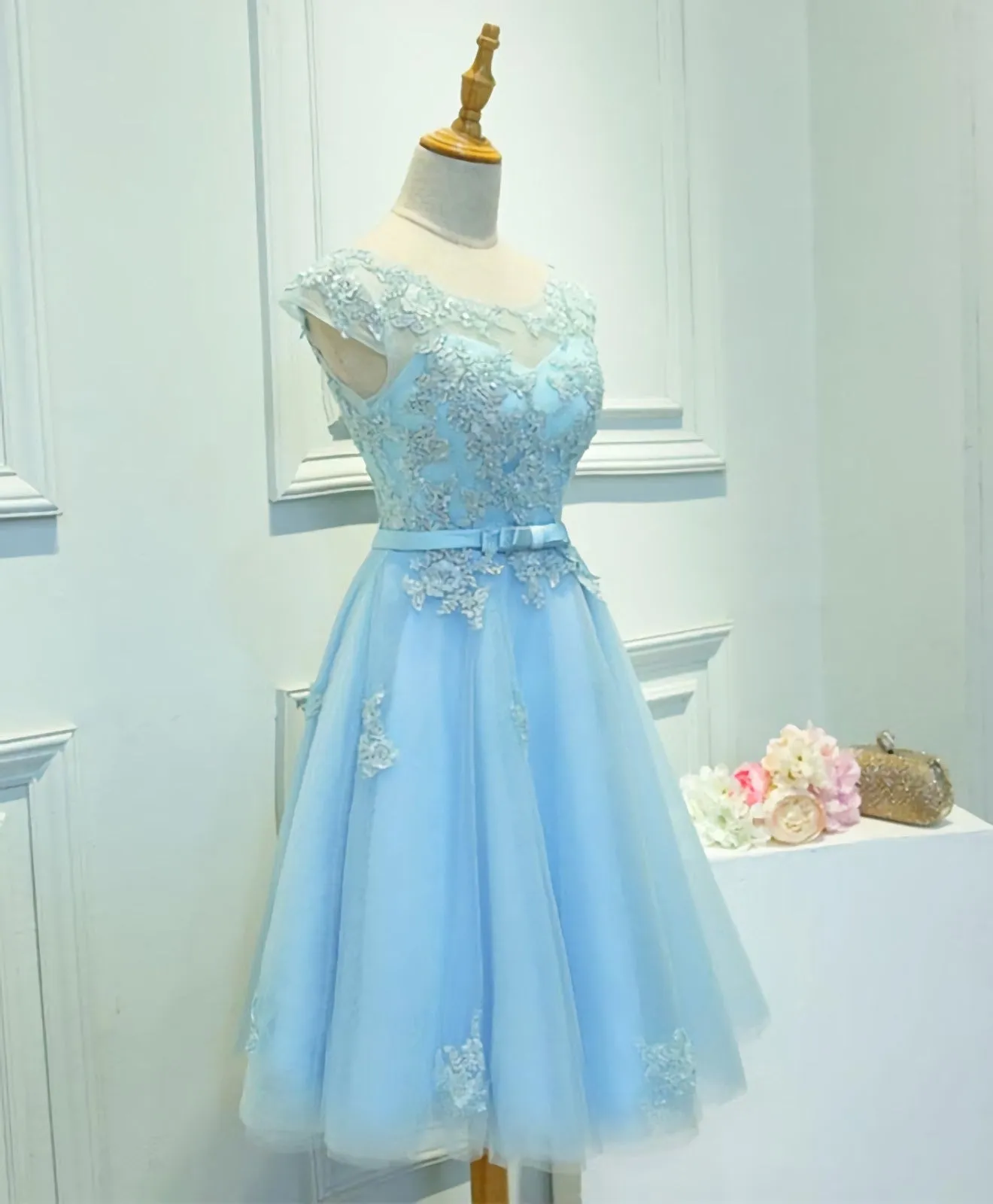 Light Blue Lace Tulle Short Prom Dress, Homecoming Dress