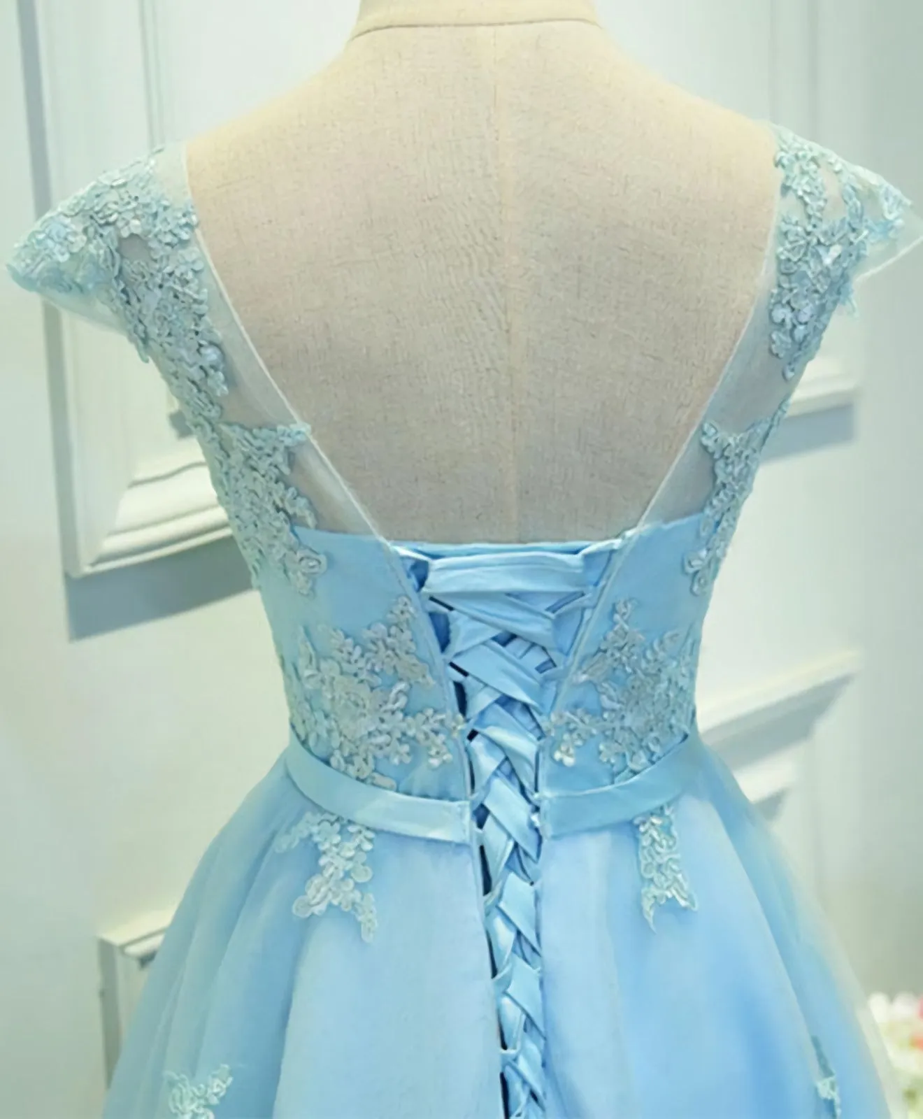 Light Blue Lace Tulle Short Prom Dress, Homecoming Dress