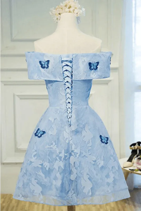 Light Blue Lace with Butterflies Short Homecoming Dress, Blue Prom Dress