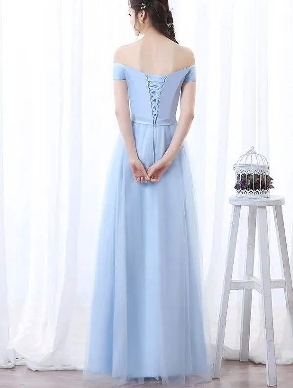 Light Blue Off the Shoulder Simple Pretty Bridesmaid Dress, Light Blue Party Dress