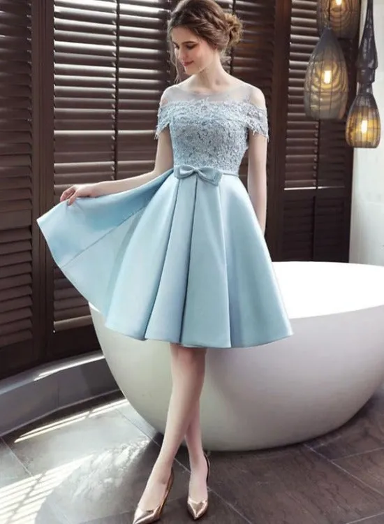 Light Blue Satin Lace Top Off Shoulder Homecoming Dress, Blue Prom Dress Party Dress