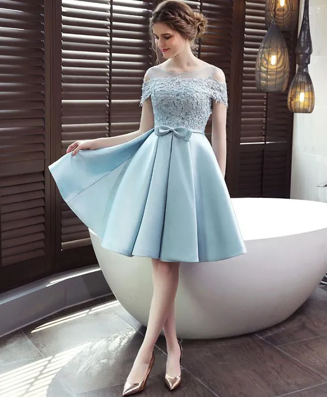 Light Blue Satin Lace Top Off Shoulder Homecoming Dress, Blue Prom Dress Party Dress