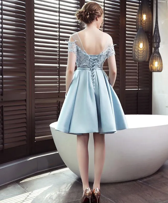 Light Blue Satin Lace Top Off Shoulder Homecoming Dress, Blue Prom Dress Party Dress