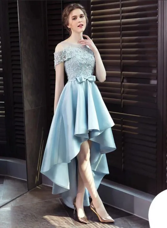 Light Blue Satin New Style Lace Off Shoulder High Low Formal Dress, Blue Homecoming Dress