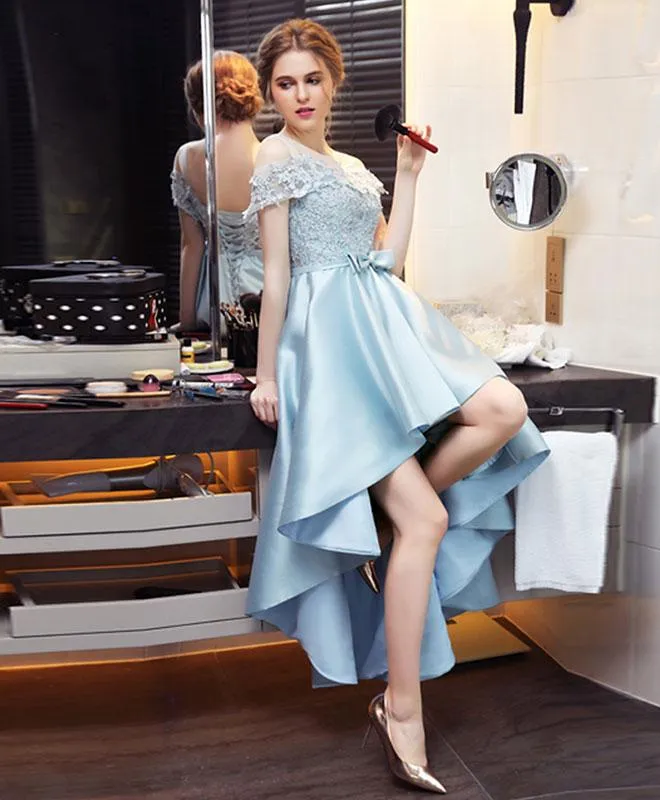 Light Blue Satin New Style Lace Off Shoulder High Low Formal Dress, Blue Homecoming Dress