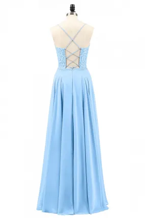 Light Blue Sweetheart Lace-Up A-Line Long Bridesmaid Dress