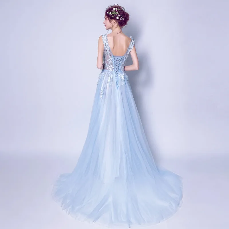 Light Blue Tulle Beaded Flowers V-neckline Prom Dress, Long Blue Party Dress Evening Dress