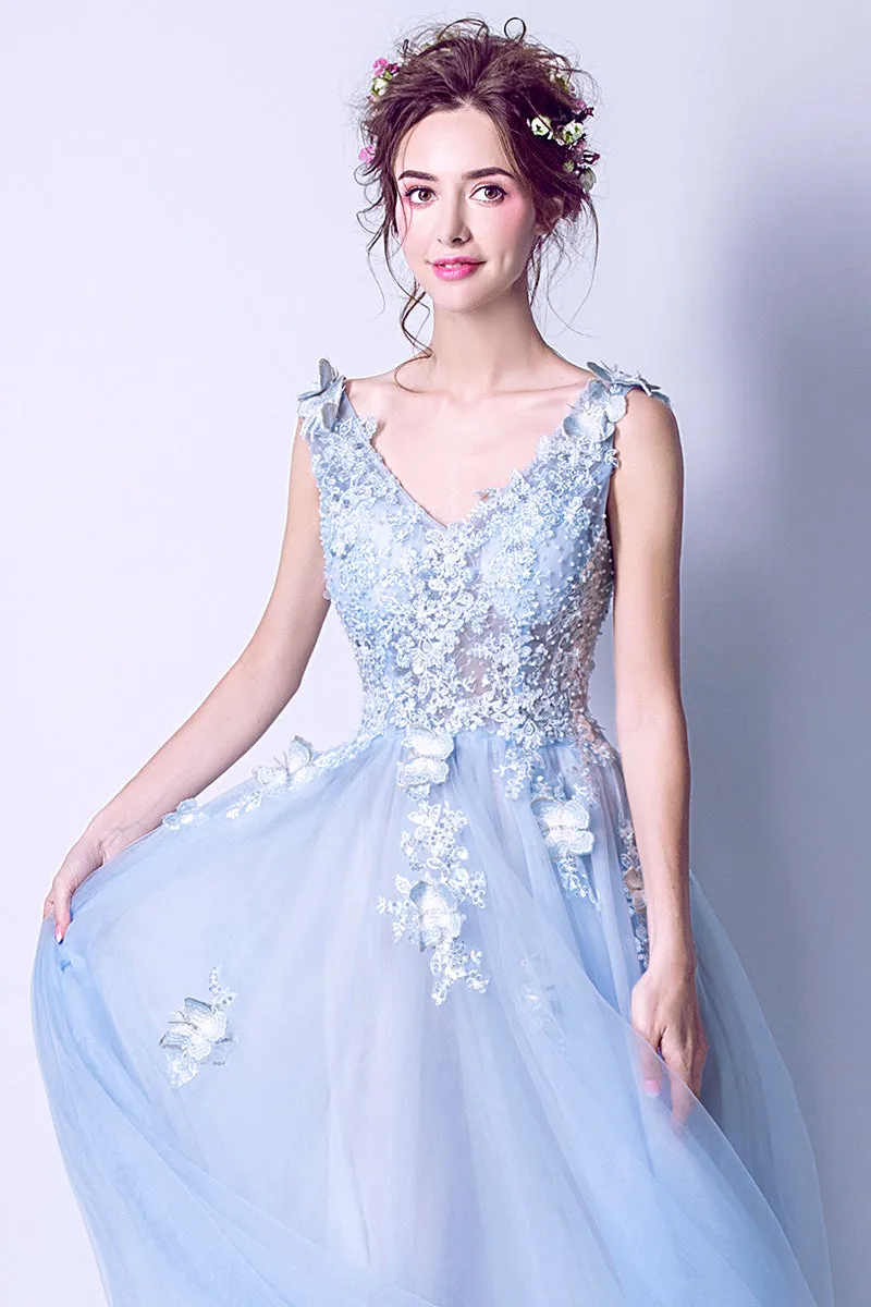 Light Blue Tulle Beaded Flowers V-neckline Prom Dress, Long Blue Party Dress Evening Dress