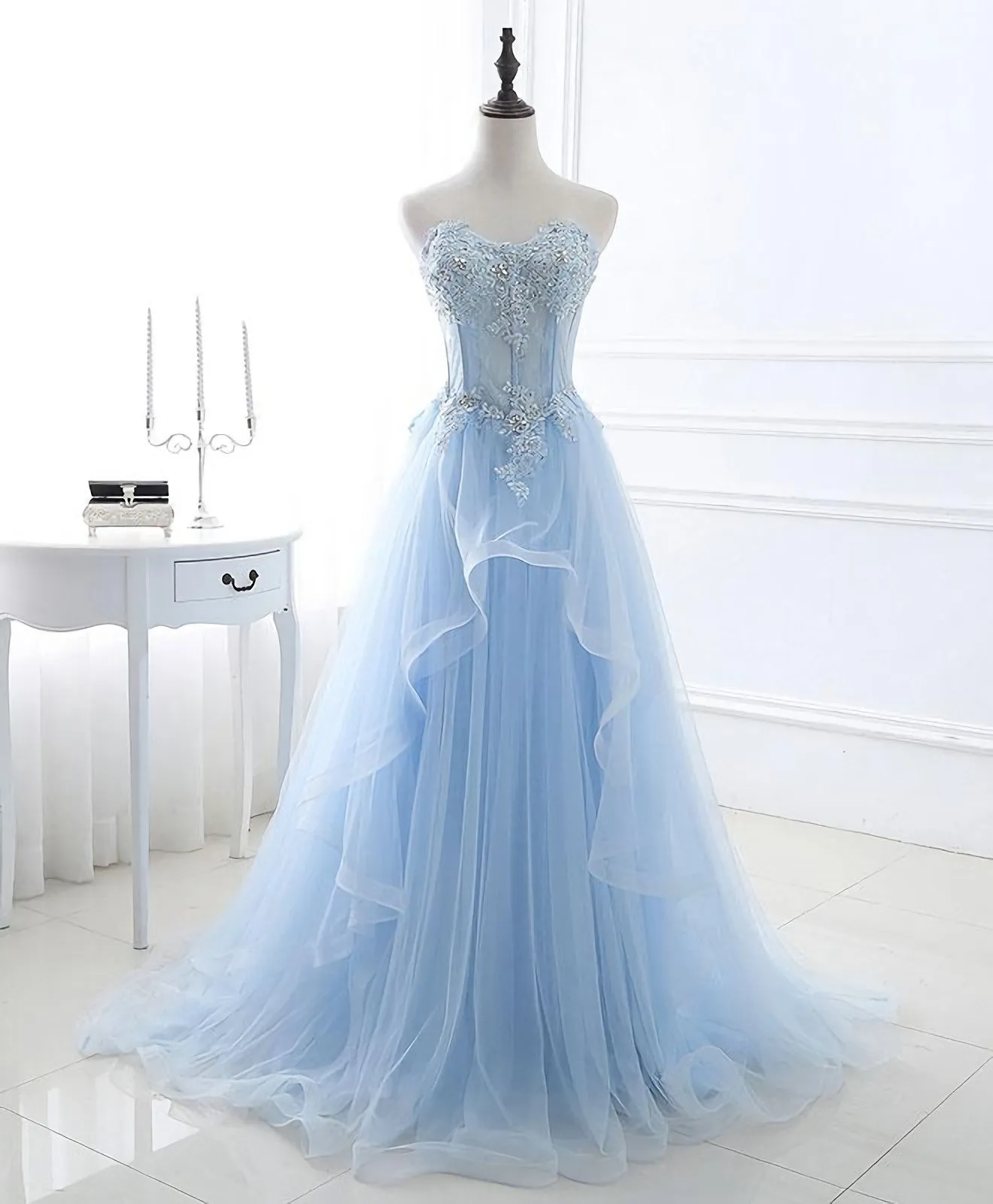 Light Blue Tulle Lace Long Prom Dress, Formal Dress