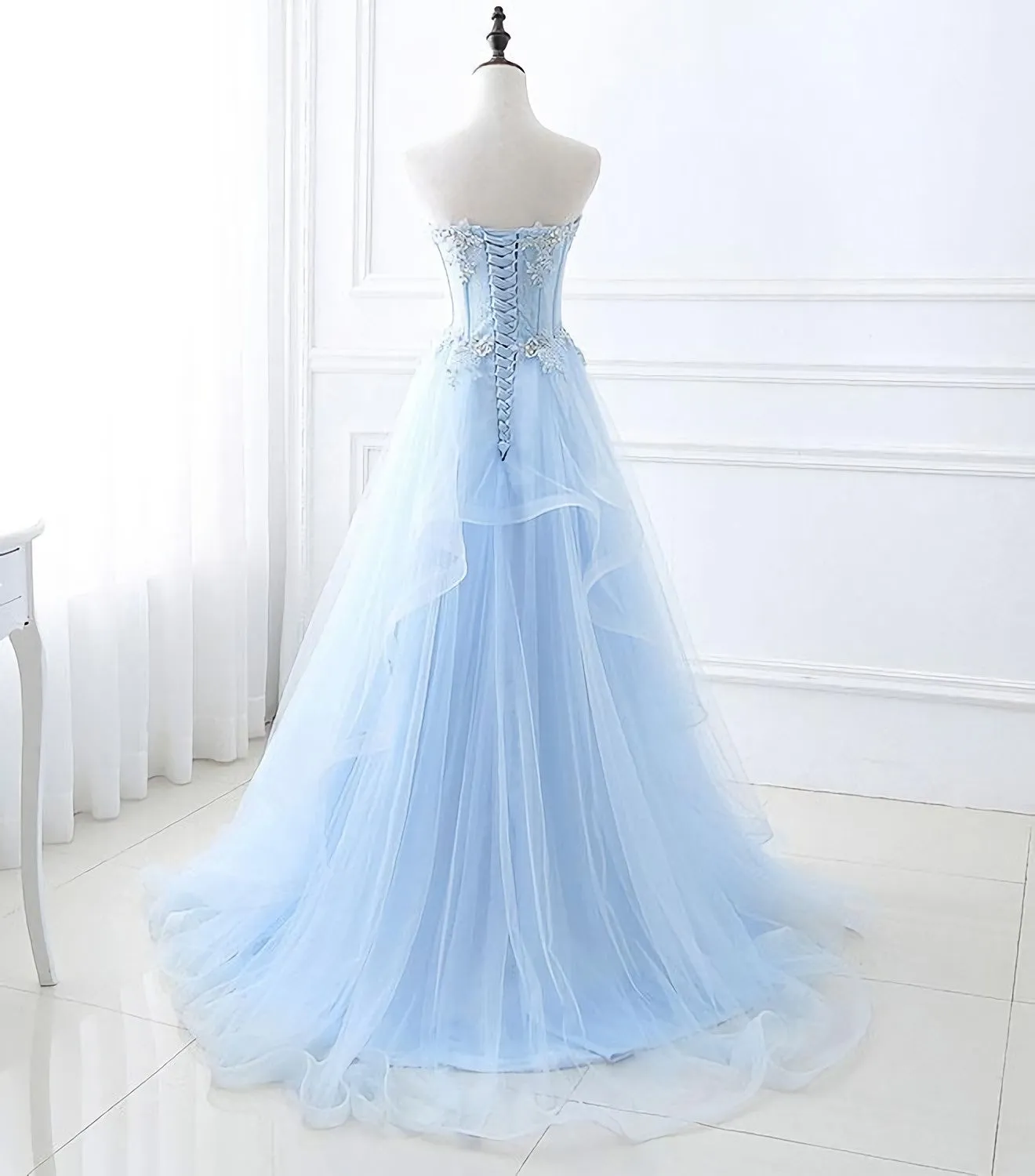 Light Blue Tulle Lace Long Prom Dress, Formal Dress