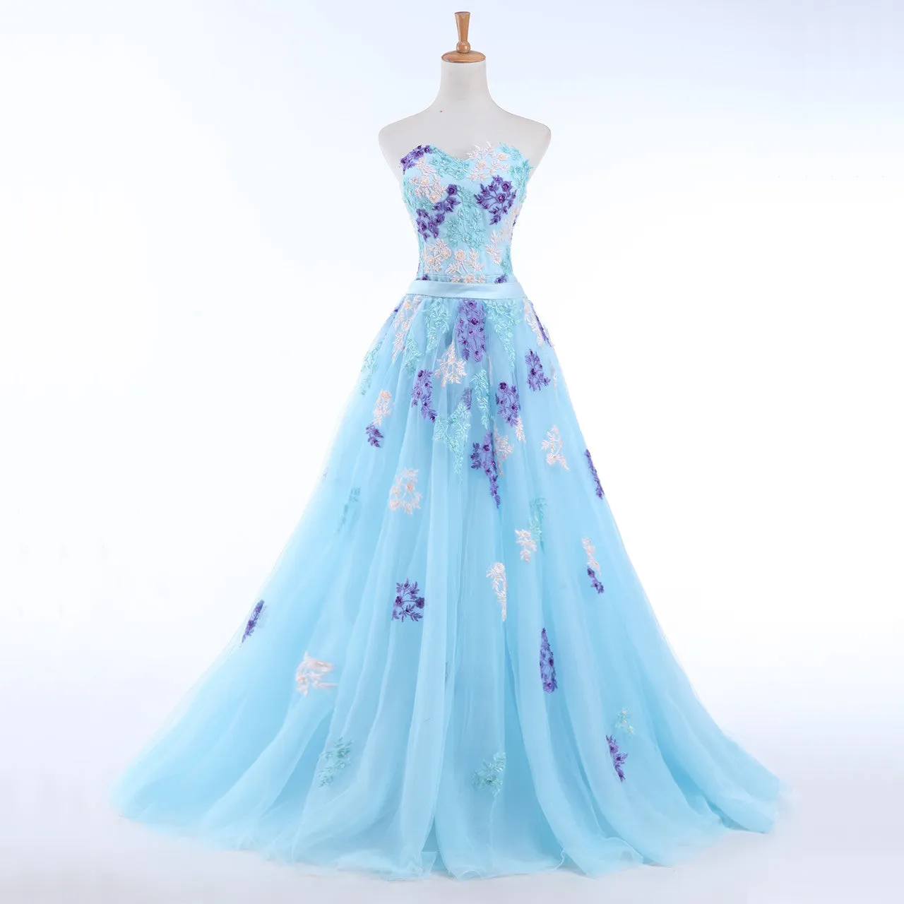 Light Blue Tulle Sweetheart Long Party Dress, Blue A-line Formal Dress with Lace Applique