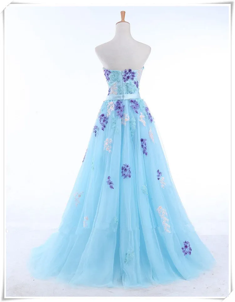 Light Blue Tulle Sweetheart Long Party Dress, Blue A-line Formal Dress with Lace Applique