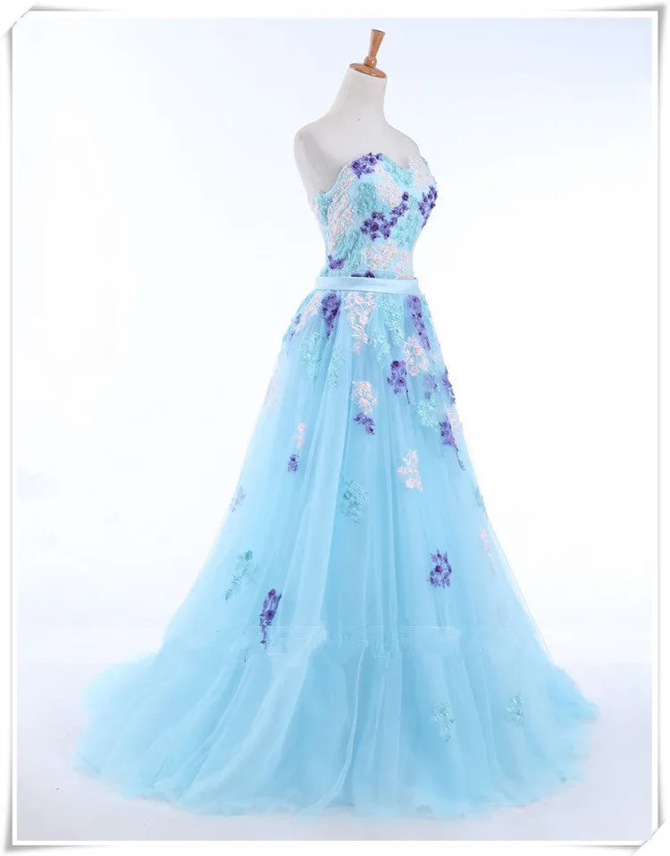 Light Blue Tulle Sweetheart Long Party Dress, Blue A-line Formal Dress with Lace Applique