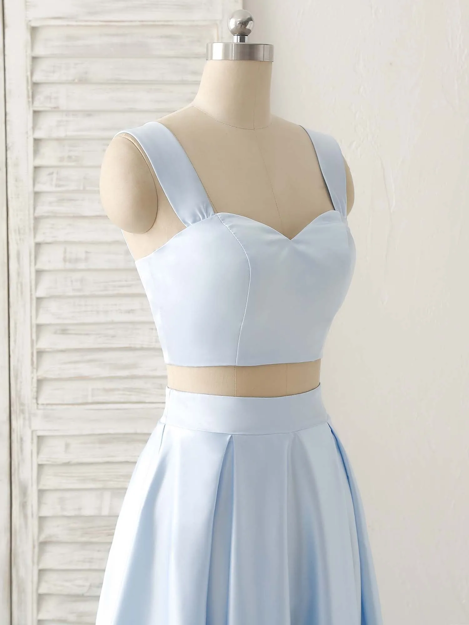 Light Blue Two Pieces Satin Long Prom Dress Simple Evening Dress