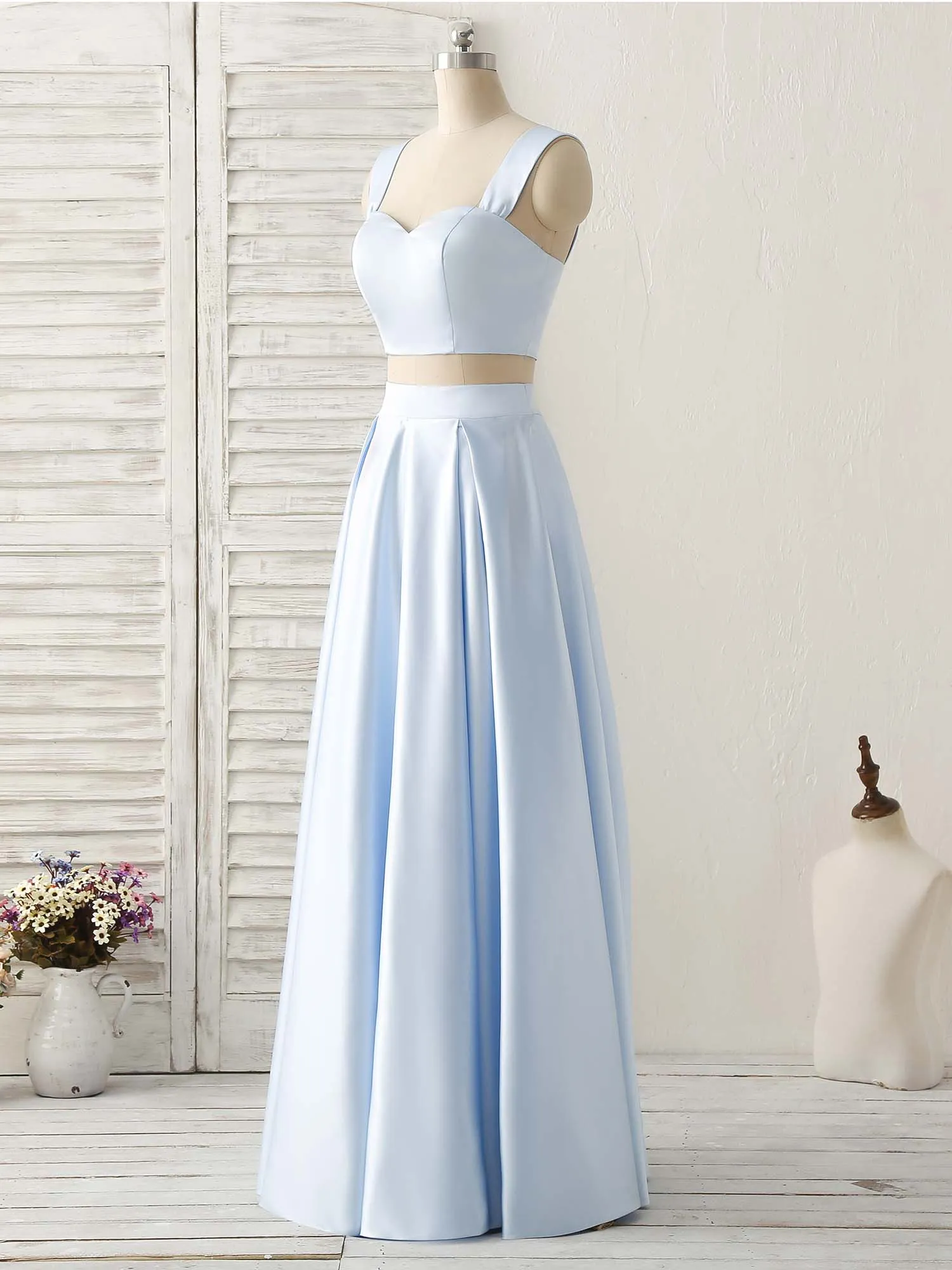 Light Blue Two Pieces Satin Long Prom Dress Simple Evening Dress