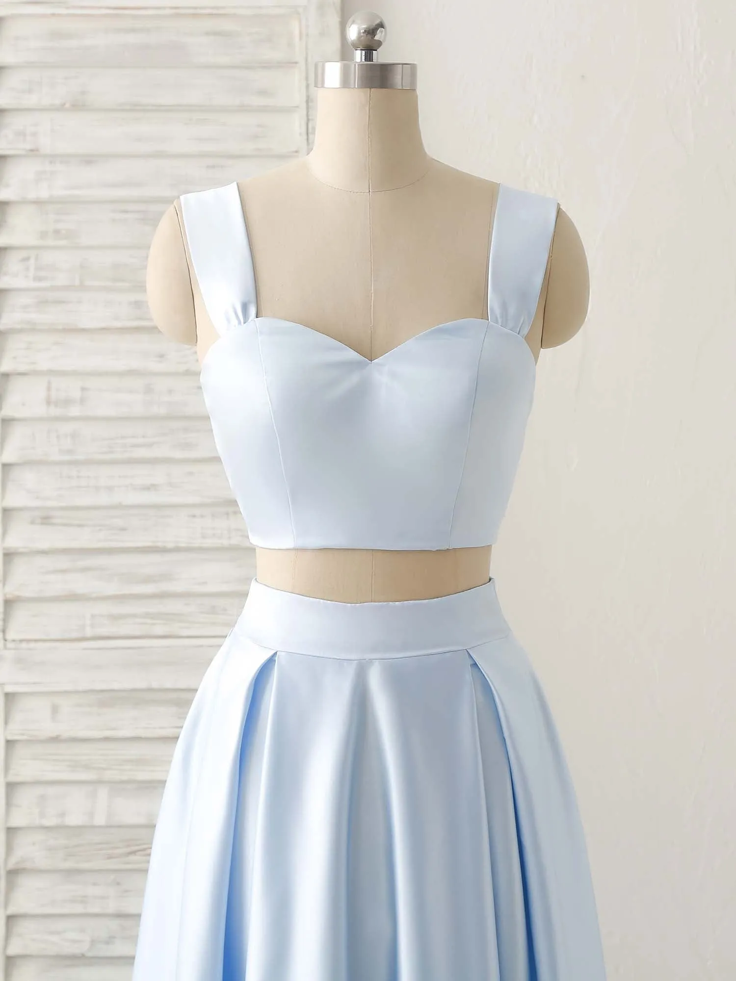 Light Blue Two Pieces Satin Long Prom Dress Simple Evening Dress