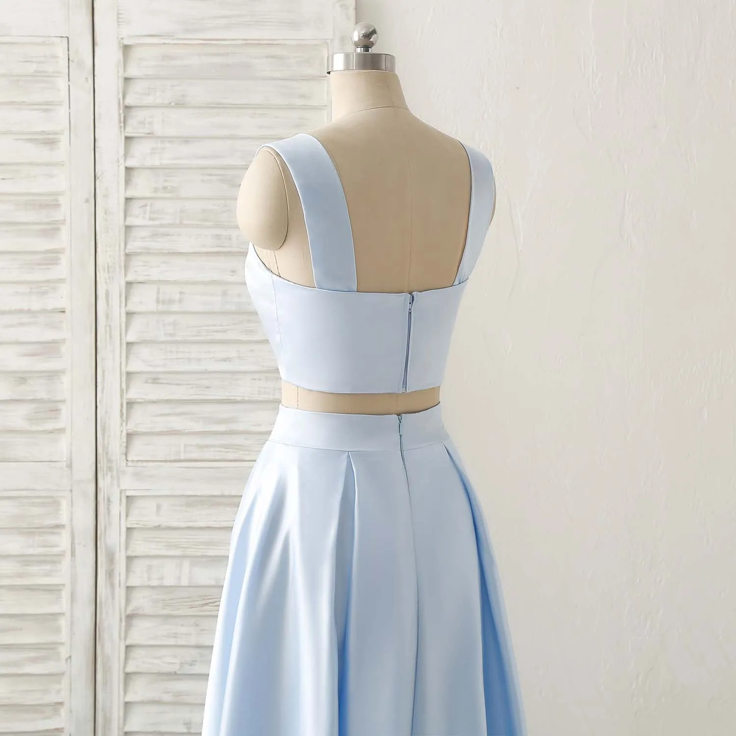 Light Blue Two Pieces Satin Long Prom Dress Simple Evening Dress