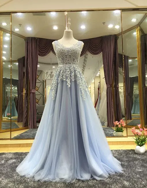 Light Blue V-neckline Long Prom Dress, Blue Junior Prom Dress