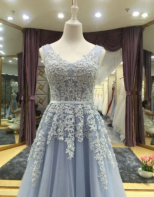 Light Blue V-neckline Long Prom Dress, Blue Junior Prom Dress