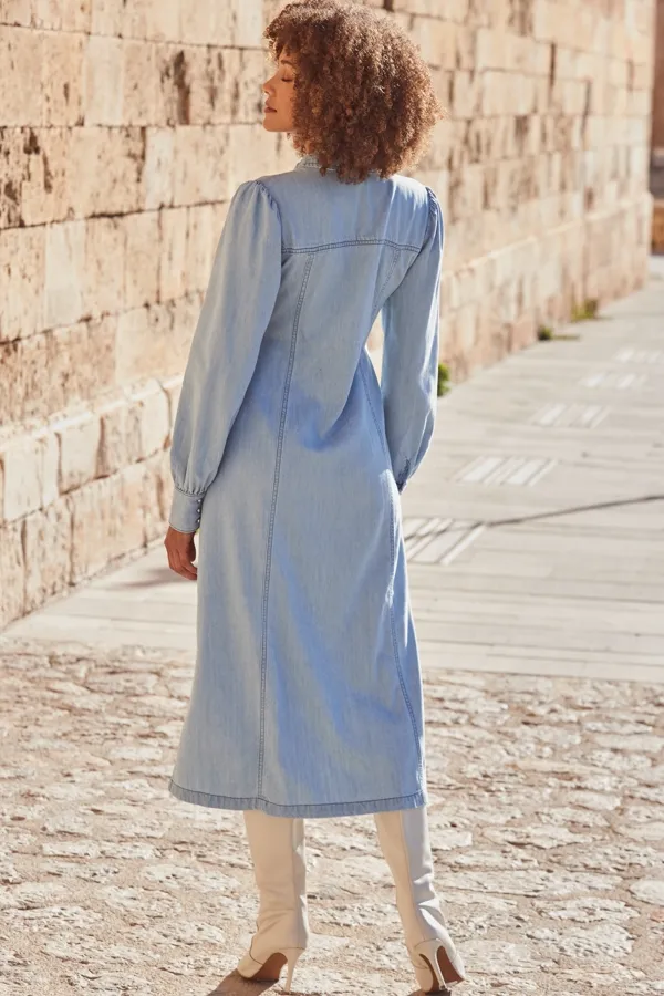 Light Wash Blue Blouson Sleeve Denim Midi Dress