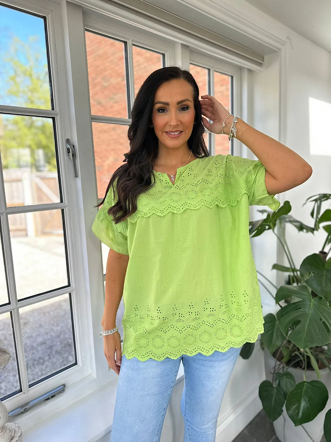 Lime Broderie Anglaise Frill Sleeve Top Moira