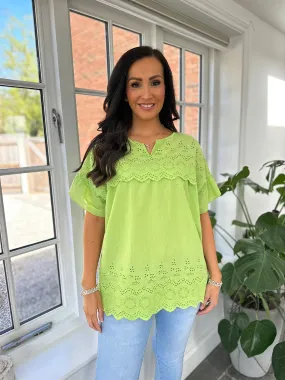 Lime Broderie Anglaise Frill Sleeve Top Moira