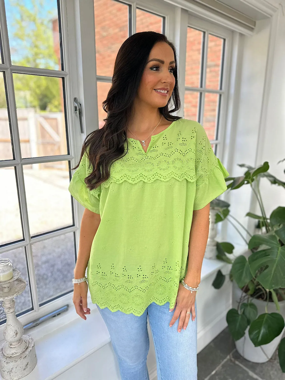 Lime Broderie Anglaise Frill Sleeve Top Moira