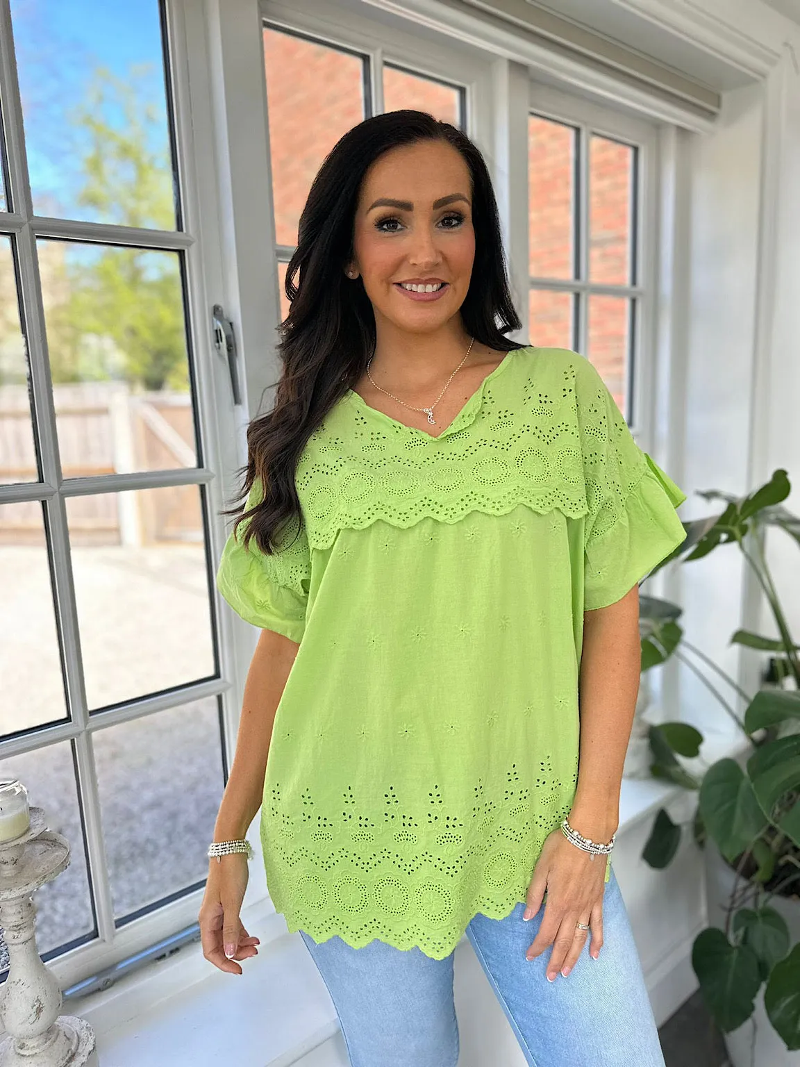 Lime Broderie Anglaise Frill Sleeve Top Moira