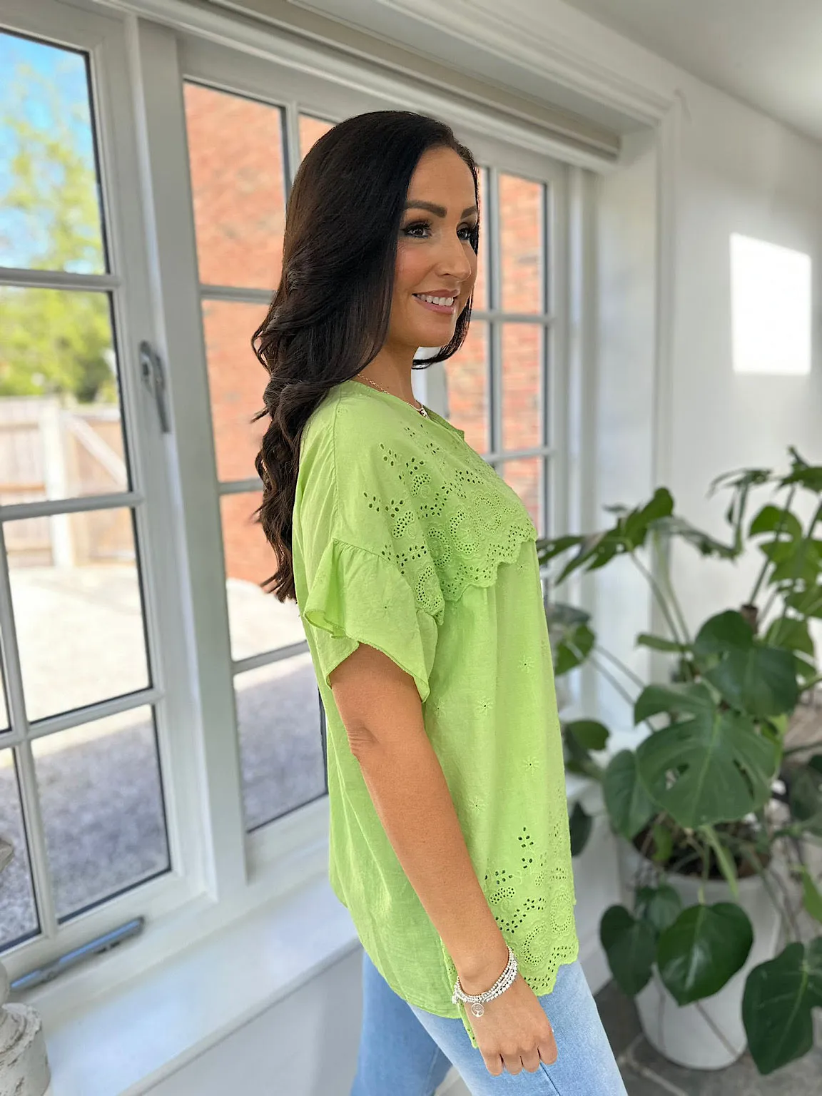 Lime Broderie Anglaise Frill Sleeve Top Moira